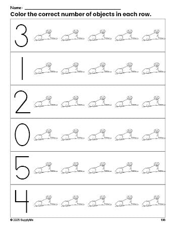 Free printable dog count and color worksheet for preschoolers, dog coloring page and counting worksheet numbers 0-5, PDF