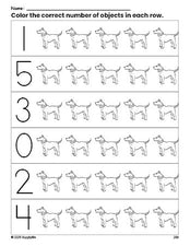 Free printable dog count and color worksheet for preschoolers, dog coloring page and counting worksheet numbers 0-5, PDF