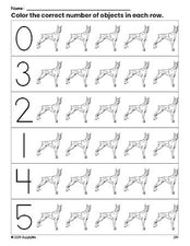 Free printable dog count and color worksheet for preschoolers, dog coloring page and counting worksheet numbers 0-5, PDF