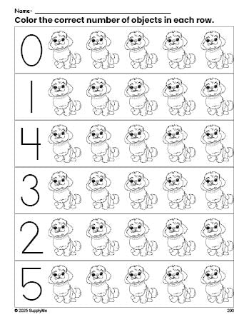 Free printable dog count and color worksheet for preschoolers, dog coloring page and counting worksheet numbers 0-5, PDF