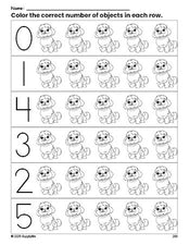 Free printable dog count and color worksheet for preschoolers, dog coloring page and counting worksheet numbers 0-5, PDF