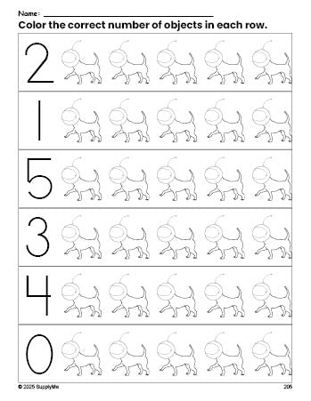 Free printable dog count and color worksheet for preschoolers, dog coloring page and counting worksheet numbers 0-5, PDF