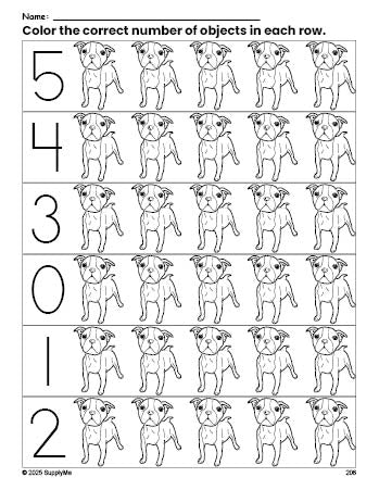 Free printable dog count and color worksheet for preschoolers, dog coloring page and counting worksheet numbers 0-5, PDF