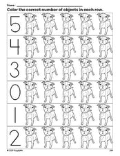 Free printable dog count and color worksheet for preschoolers, dog coloring page and counting worksheet numbers 0-5, PDF