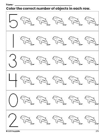 Free printable dolphin count and color worksheet for preschoolers, dolphin coloring page and counting worksheet numbers 0-5, PDF