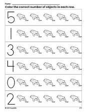 Free printable dolphin count and color worksheet for preschoolers, dolphin coloring page and counting worksheet numbers 0-5, PDF