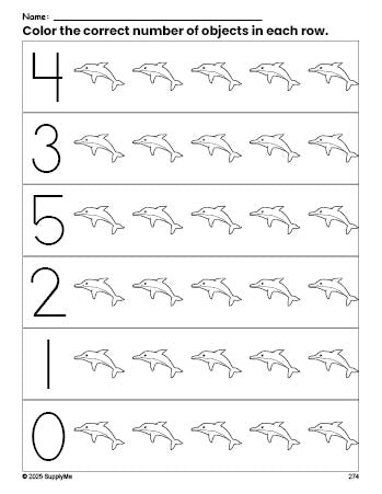 Free printable dolphin count and color worksheet for preschoolers, dolphin coloring page and counting worksheet numbers 0-5, PDF