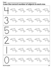 Free printable dolphin count and color worksheet for preschoolers, dolphin coloring page and counting worksheet numbers 0-5, PDF