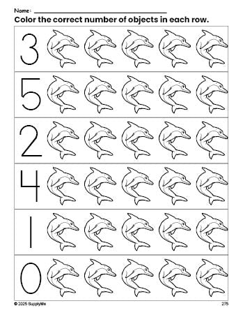 Free printable dolphin count and color worksheet for preschoolers, dolphin coloring page and counting worksheet numbers 0-5, PDF