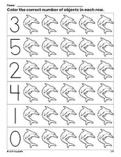 Free printable dolphin count and color worksheet for preschoolers, dolphin coloring page and counting worksheet numbers 0-5, PDF