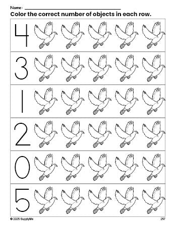 Free printable dove count and color worksheet for preschoolers, dove coloring page and counting worksheet numbers 0-5, PDF