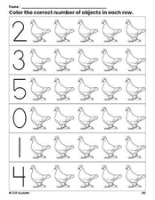 Free printable dove count and color worksheet for preschoolers, dove coloring page and counting worksheet numbers 0-5, PDF