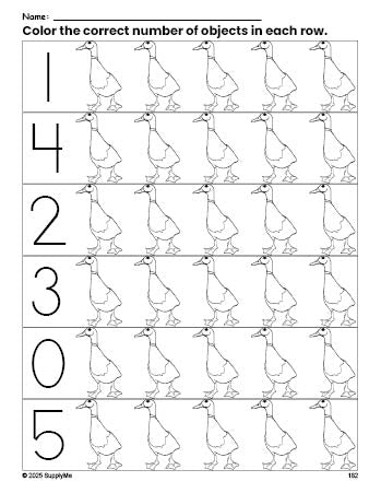 Free printable duck count and color worksheet for preschoolers, duck coloring page and counting worksheet numbers 0-5, PDF