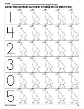 Free printable duck count and color worksheet for preschoolers, duck coloring page and counting worksheet numbers 0-5, PDF