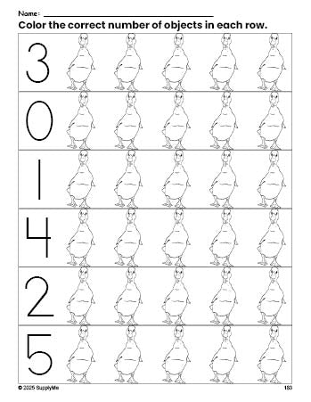 Free printable duck count and color worksheet for preschoolers, duck coloring page and counting worksheet numbers 0-5, PDF