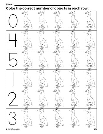 Free printable duck count and color worksheet for preschoolers, duck coloring page and counting worksheet numbers 0-5, PDF