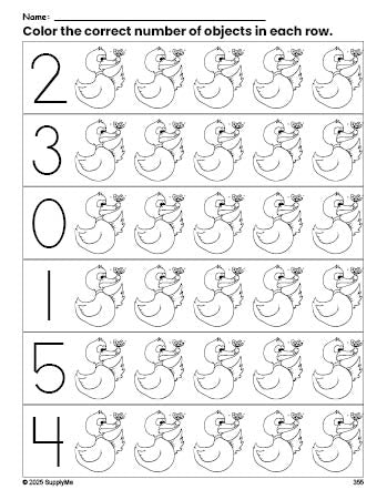 Free printable duck count and color worksheet for preschoolers, duck coloring page and counting worksheet numbers 0-5, PDF