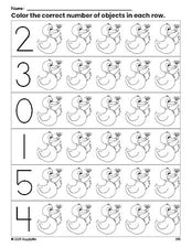 Free printable duck count and color worksheet for preschoolers, duck coloring page and counting worksheet numbers 0-5, PDF