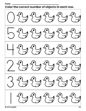 Free printable duckling count and color worksheet for preschoolers, duckling coloring page and counting worksheet numbers 0-5, PDF