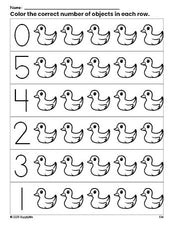 Free printable duckling count and color worksheet for preschoolers, duckling coloring page and counting worksheet numbers 0-5, PDF