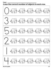 Free printable elephant count and color worksheet for preschoolers, elephant coloring page and counting worksheet numbers 0-5, PDF