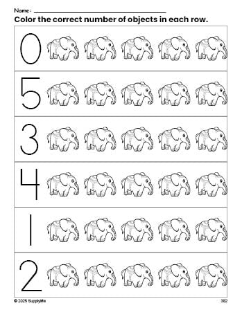 Free printable elephant count and color worksheet for preschoolers, elephant coloring page and counting worksheet numbers 0-5, PDF