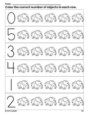 Free printable elephant count and color worksheet for preschoolers, elephant coloring page and counting worksheet numbers 0-5, PDF