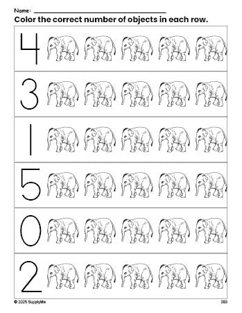 Free printable elephant count and color worksheet for preschoolers, elephant coloring page and counting worksheet numbers 0-5, PDF