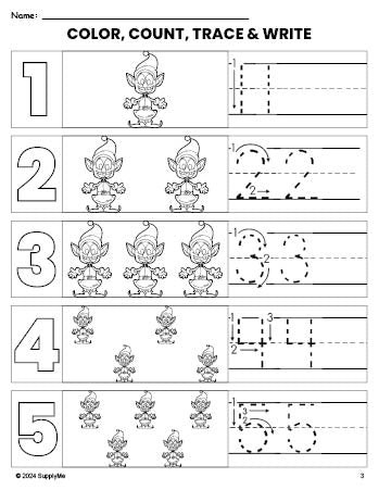 Free printable elf Christmas coloring page and number tracing worksheet, numbers 1-5 counting worksheet for preschool and pre-k