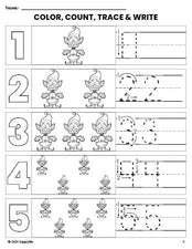 Free printable elf Christmas coloring page and number tracing worksheet, numbers 1-5 counting worksheet for preschool and pre-k