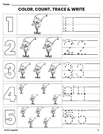 Free printable elf Christmas coloring page and number tracing worksheet, numbers 1-5 counting worksheet for preschool and pre-k