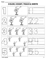 Free printable elf Christmas coloring page and number tracing worksheet, numbers 1-5 counting worksheet for preschool and pre-k