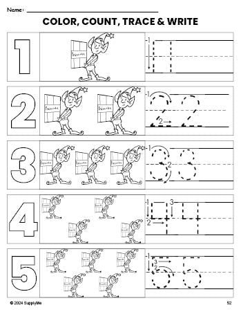 Free printable elf Christmas coloring page and number tracing worksheet, numbers 1-5 counting worksheet for preschool and pre-k