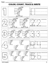 Free printable elf Christmas coloring page and number tracing worksheet, numbers 1-5 counting worksheet for preschool and pre-k