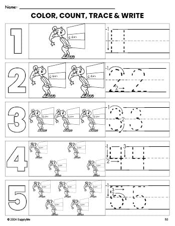 Free printable elf Christmas coloring page and number tracing worksheet, numbers 1-5 counting worksheet for preschool and pre-k