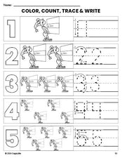 Free printable elf Christmas coloring page and number tracing worksheet, numbers 1-5 counting worksheet for preschool and pre-k