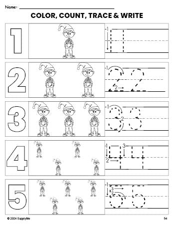 Free printable elf Christmas coloring page and number tracing worksheet, numbers 1-5 counting worksheet for preschool and pre-k