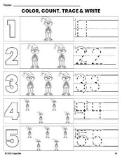 Free printable elf Christmas coloring page and number tracing worksheet, numbers 1-5 counting worksheet for preschool and pre-k