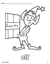 Free printable elf Christmas coloring page for preschool, pre-k, and kindergarten