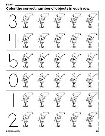 Free printable elf Christmas count and color worksheet for preschoolers, Christmas coloring page and counting worksheet numbers 0-5, PDF