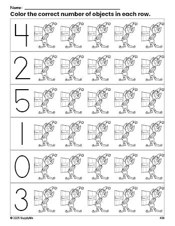 Free printable elf Christmas count and color worksheet for preschoolers, Christmas coloring page and counting worksheet numbers 0-5, PDF