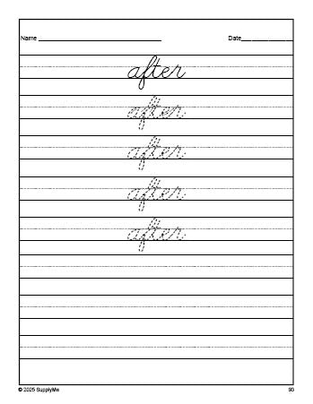 Free first grade sight word cursive tracing worksheet, high frequency word 'after', second 100 fry sight words, Dolch, PDF