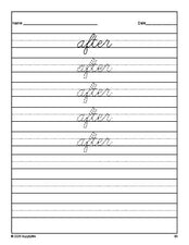 Free first grade sight word cursive tracing worksheet, high frequency word 'after', second 100 fry sight words, Dolch, PDF