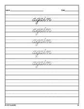 Free first grade sight word cursive tracing worksheet, high frequency word 'again', second 100 fry sight words, Dolch, PDF