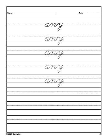 Free first grade sight word cursive tracing worksheet, high frequency word 'any', second 100 fry sight words, Dolch, PDF