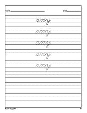 Free first grade sight word cursive tracing worksheet, high frequency word 'any', second 100 fry sight words, Dolch, PDF