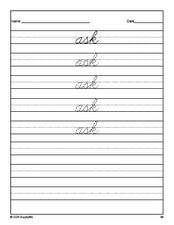 Free first grade sight word cursive tracing worksheet, high frequency word 'ask', second 100 fry sight words, Dolch, PDF