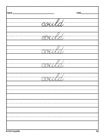 Free first grade sight word cursive tracing worksheet, high frequency word 'could', first 100 fry sight words, Dolch, PDF