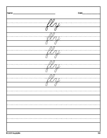 Free first grade sight word cursive tracing worksheet, high frequency word 'fly', fifth 100 fry sight words, Dolch, PDF