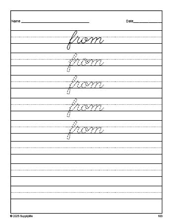 Free first grade sight word cursive tracing worksheet, high frequency word 'from', first 100 fry sight words, Dolch, PDF